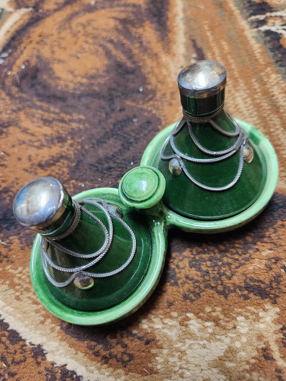 Vintage Moroccan Ceramic Double Mini Tagine Spice Holder - Green Glaze with Meta